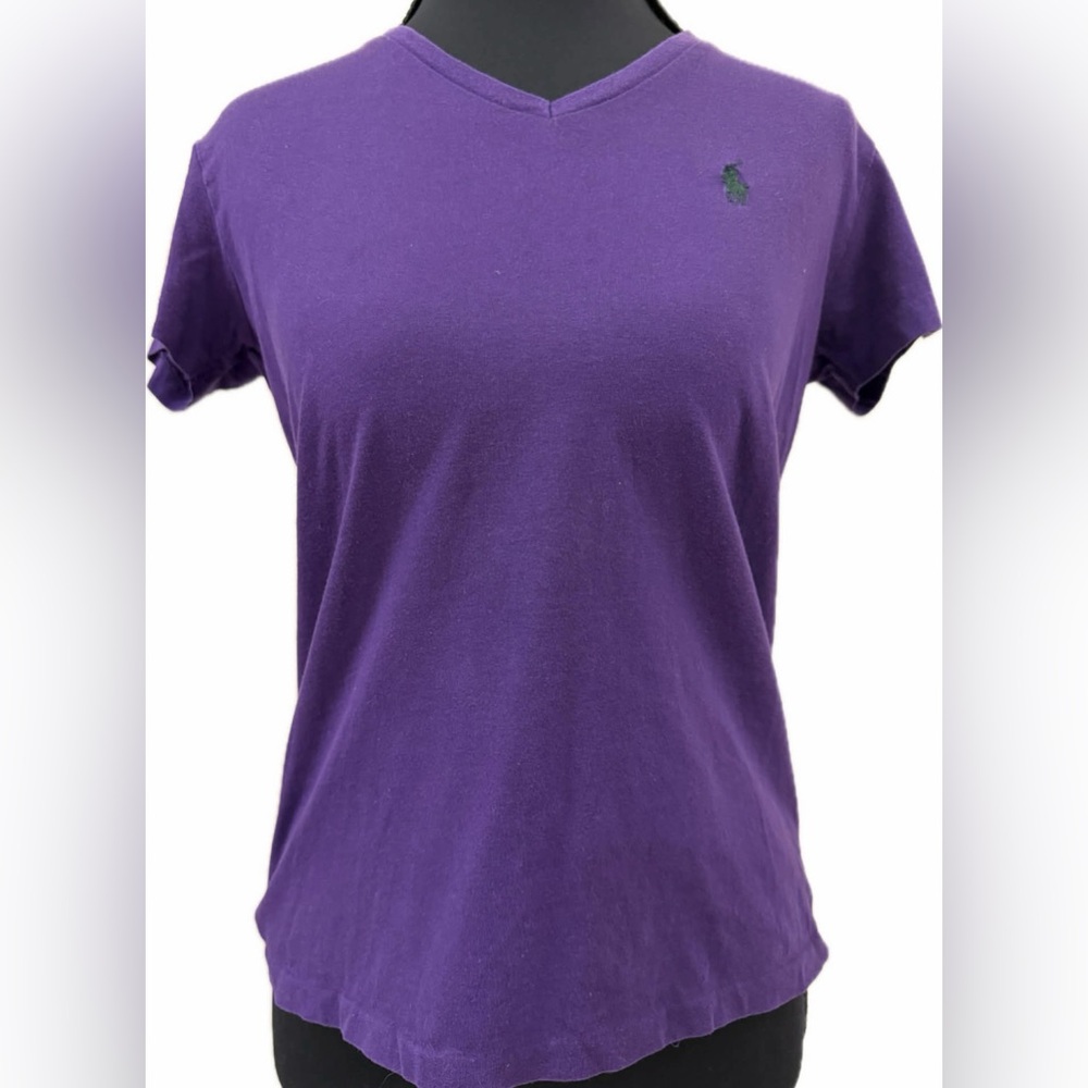 Ralph Lauren Sport women’s purple V-neck T-shirt with iconic Polo logo in green